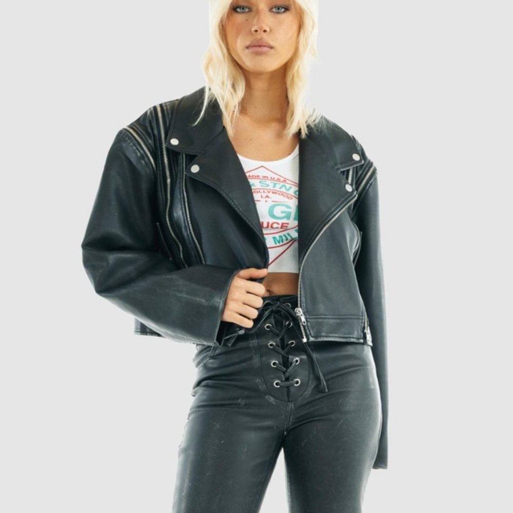 NWT JGR & STN Jagger & Stone Detroit Black Biker Jacket Convertible Leather Wom